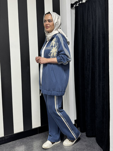 SBL Desing Fermuarlı Çiçek Detaylı Pantolonlu Takım İNDİGO - 6