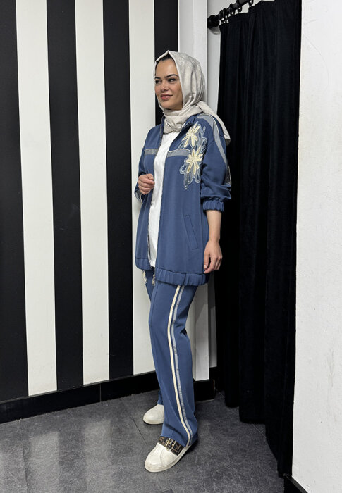 SBL Desing Fermuarlı Çiçek Detaylı Pantolonlu Takım İNDİGO - 7