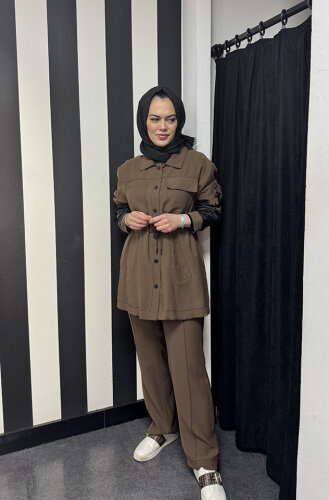 SBL Desing Kolu Organze Beli Büzgülü Takım KAHVE - SBL Design