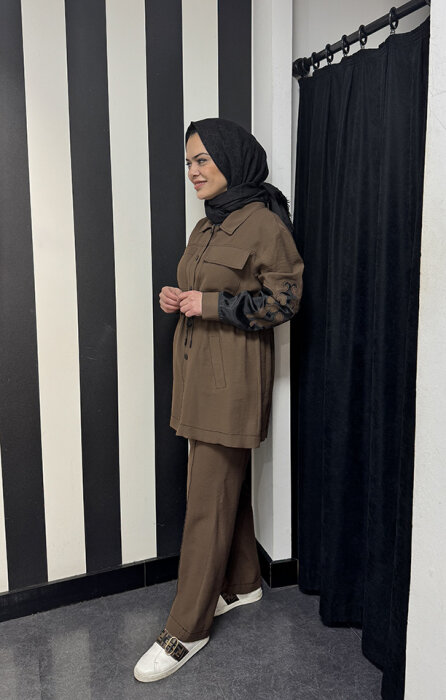 SBL Desing Kolu Organze Beli Büzgülü Takım KAHVE - 3