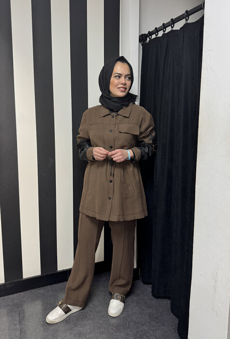 SBL Desing Kolu Organze Beli Büzgülü Takım KAHVE - 4