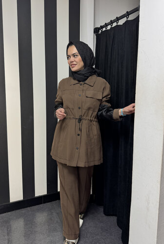 SBL Desing Kolu Organze Beli Büzgülü Takım KAHVE - 5