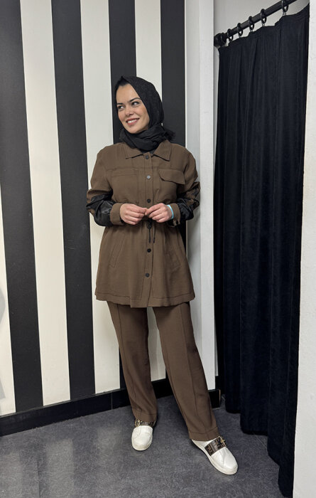 SBL Desing Kolu Organze Beli Büzgülü Takım KAHVE - 6