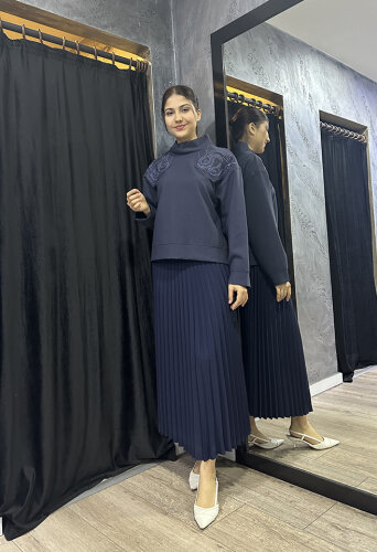 SBL Desing Krep Piliseli Etek LACİVERT