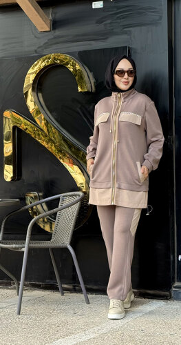 SBL Desing Önü Taşlı Pantolonlu Takım VİZON - SBL Design