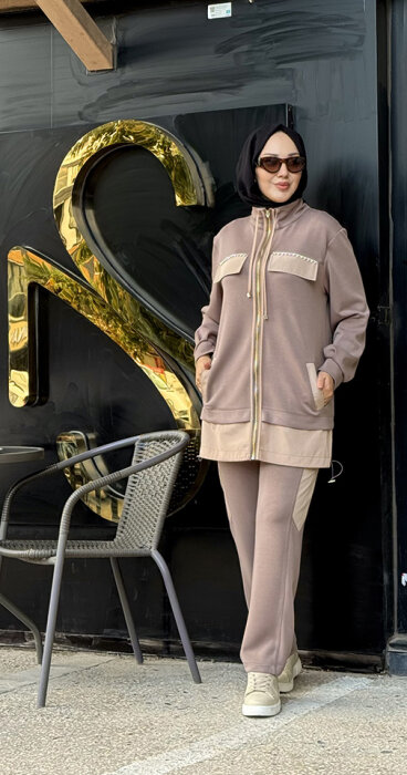 SBL Desing Önü Taşlı Pantolonlu Takım VİZON - 1