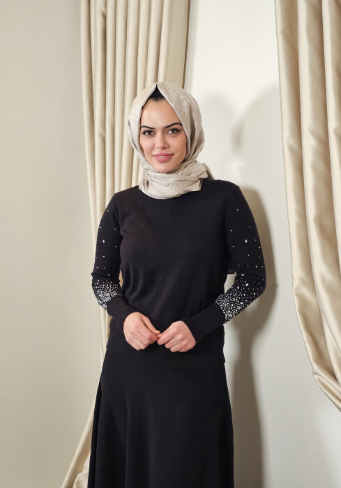 Sempre Kolları Taşlı Triko Kazak BLACK - 1