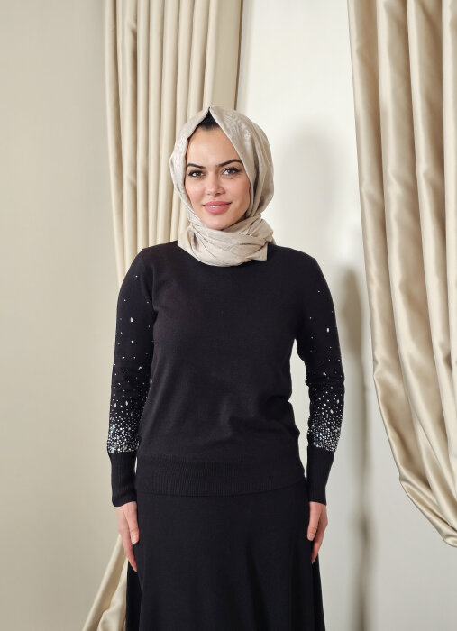 Sempre Kolları Taşlı Triko Kazak BLACK - 2