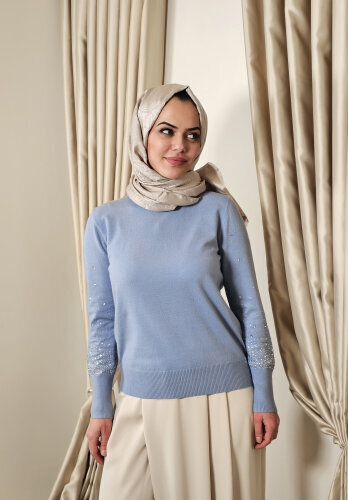 Sempre Kolları Taşlı Triko Kazak BLUE