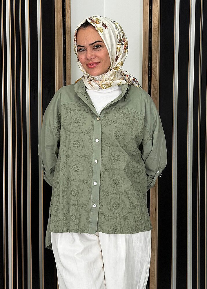Sempre Çiçek İşlemeli Brode Gömlek GREEN - 2