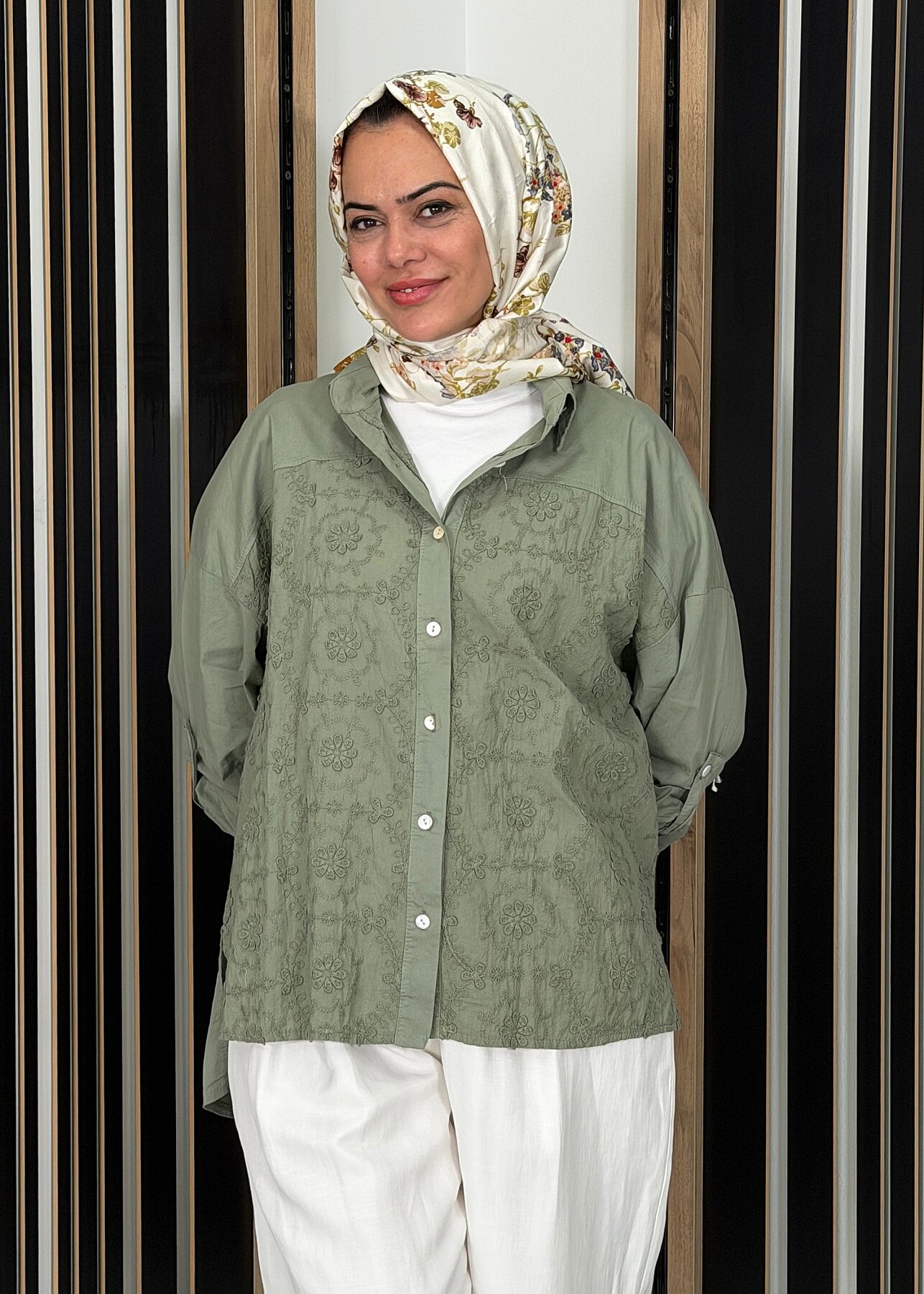 Sempre Çiçek İşlemeli Brode Gömlek GREEN - 2