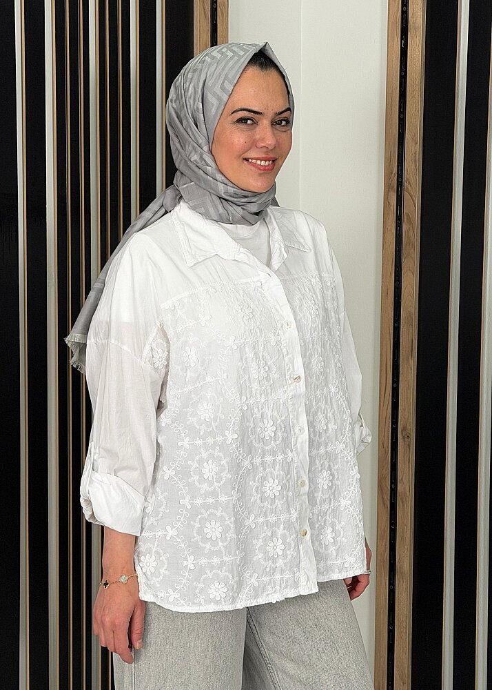 Sempre Çiçek İşlemeli Brode Gömlek IVORY - 3