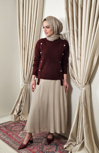 Sempre Düğme Detaylı Triko Kazak BORDO - 3