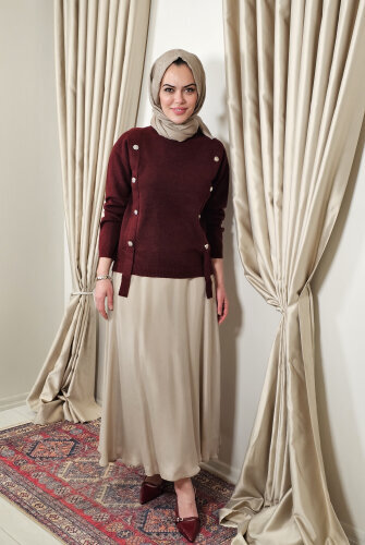 Sempre Düğme Detaylı Triko Kazak BORDO - 4