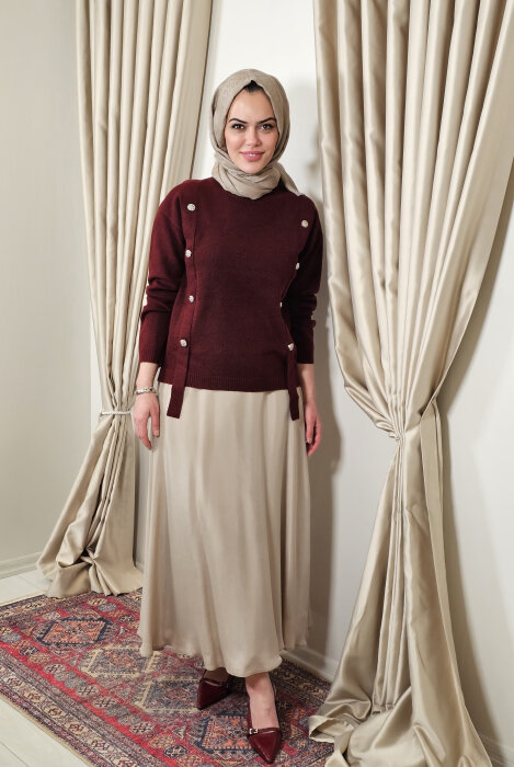 Sempre Düğme Detaylı Triko Kazak BORDO - 4