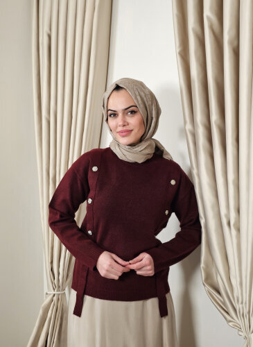 Sempre Düğme Detaylı Triko Kazak BORDO - 2
