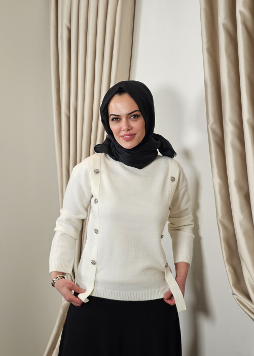 Sempre Düğme Detaylı Triko Kazak IVORY - 1