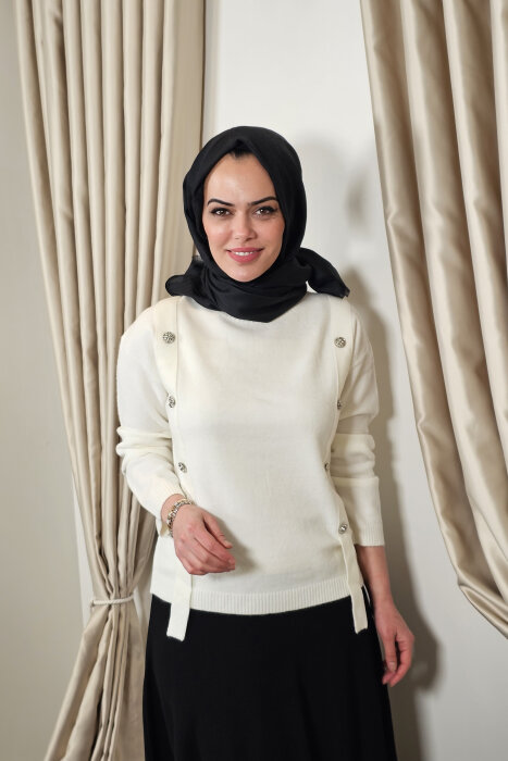 Sempre Düğme Detaylı Triko Kazak IVORY - 2