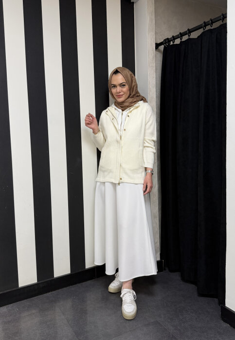 Sempre Kapüşonlu Fermuarlı Hırka IVORY - 1