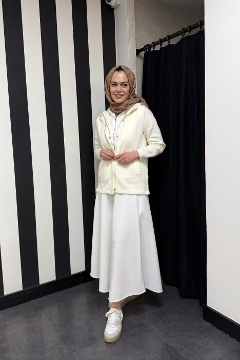 Sempre Kapüşonlu Fermuarlı Hırka IVORY - 3