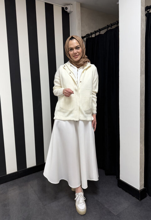 Sempre Kapüşonlu Fermuarlı Hırka IVORY - 4