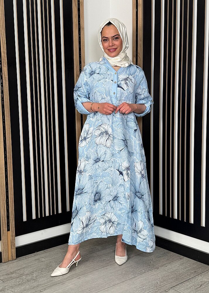 Sempre Kendinden Çiçek Desenli Pul Detaylı Elbise BLUE