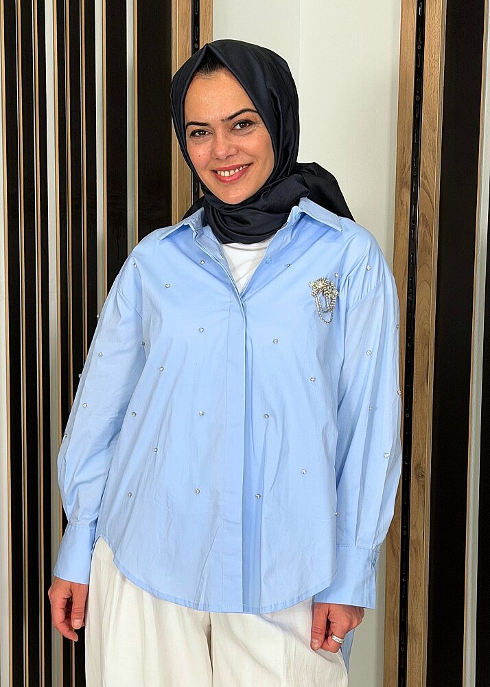 Sempre Kristal Taş Detaylı Gömlek BLUE - 2