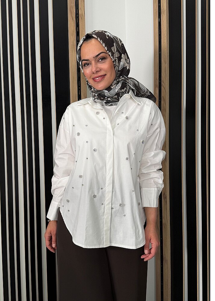 Sempre Taş Detaylı Gömlek IVORY - 3