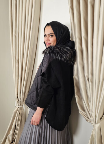 Sempre Yakası Kürklü Önü Fermuarlı Kap BLACK