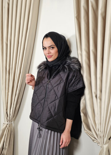 Sempre Yakası Kürklü Önü Fermuarlı Kap BLACK - 2