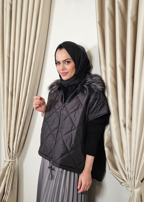 Sempre Yakası Kürklü Önü Fermuarlı Kap BLACK - 2