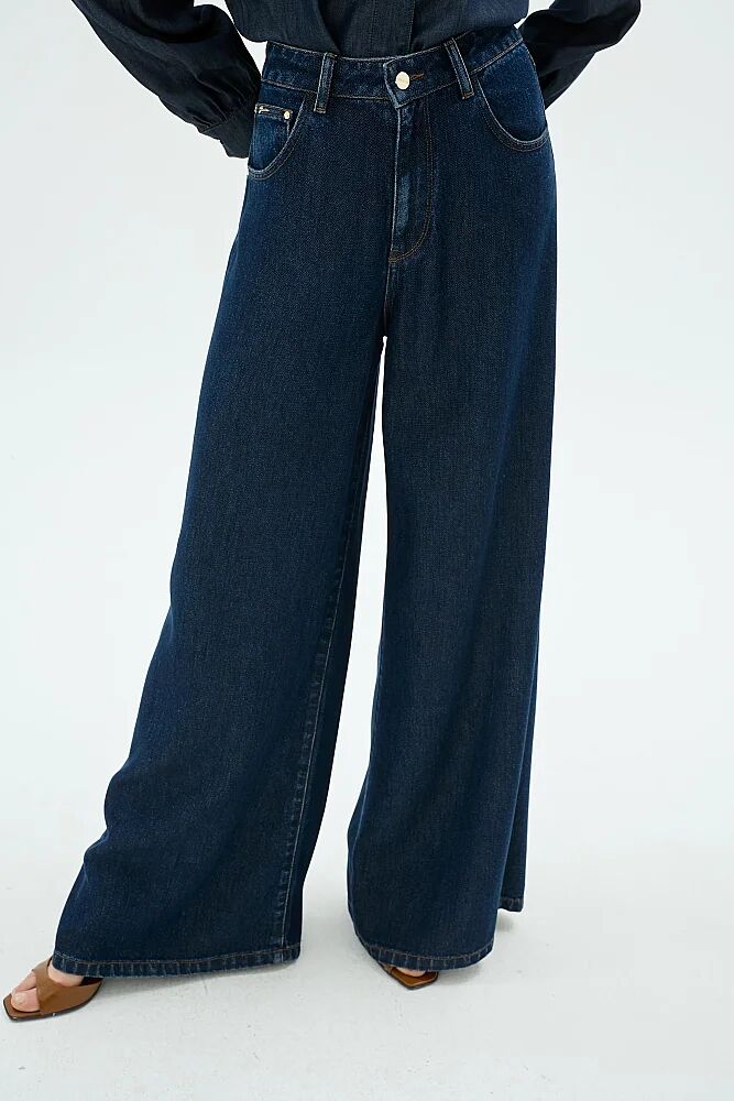 Senna Design Soul Palazzo Denim Pantolon Koyu Mavi