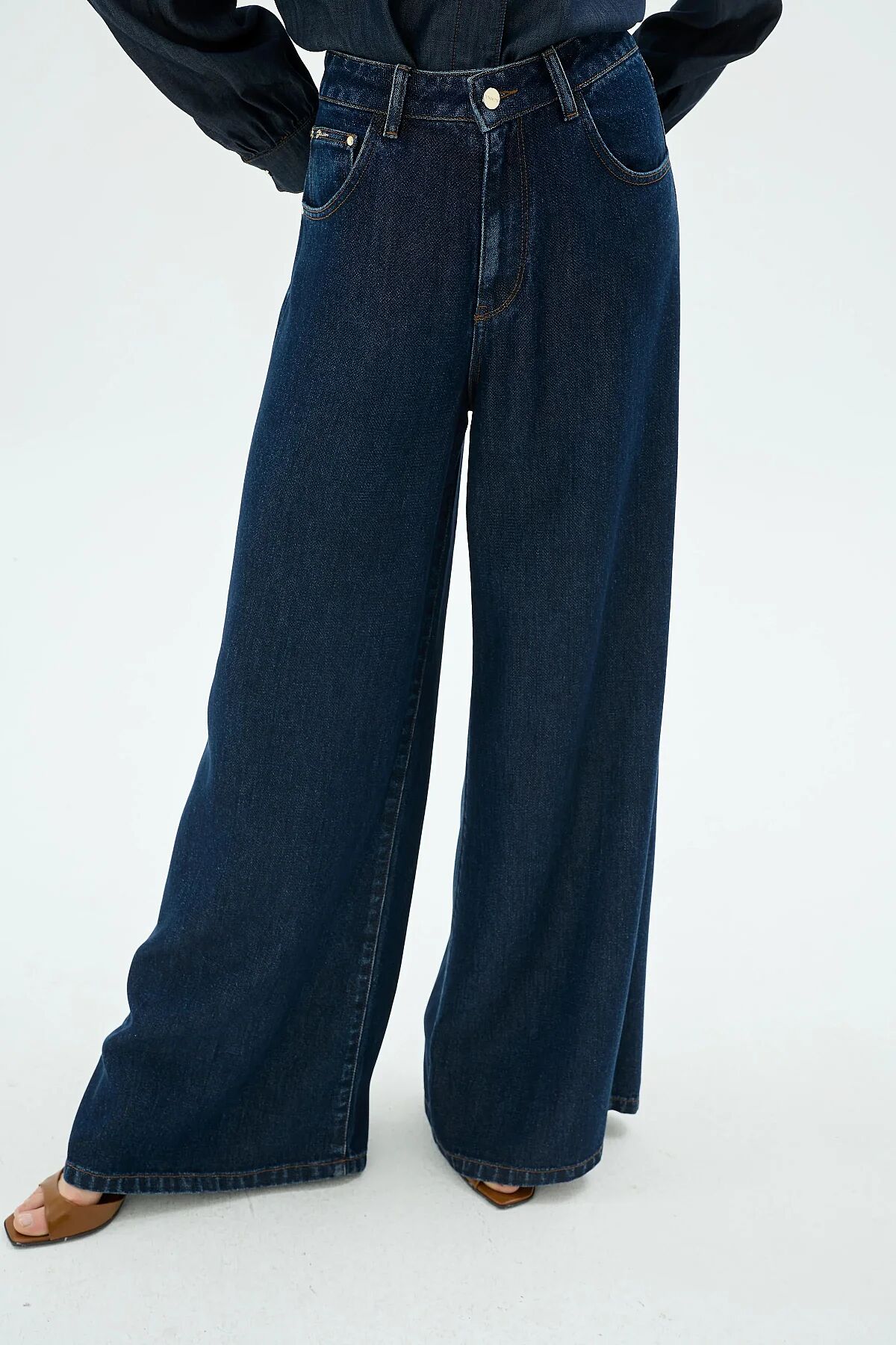 Senna Design Soul Palazzo Denim Pantolon Koyu Mavi - 1