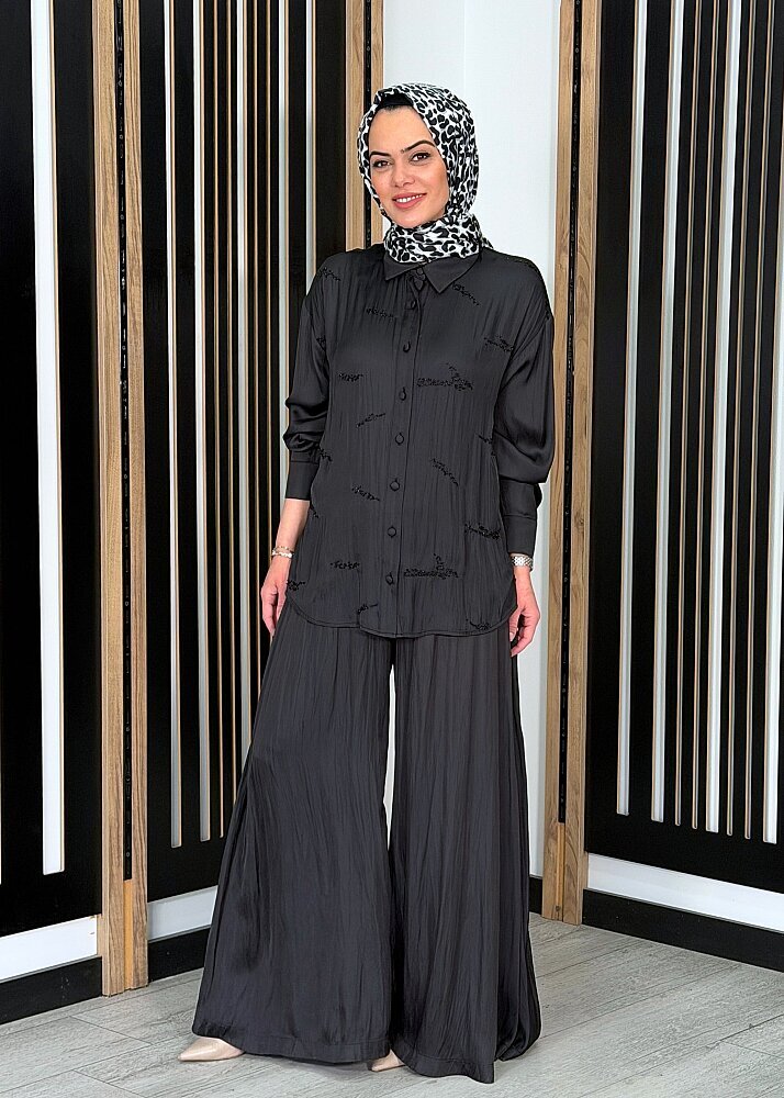 Si Design Bağlama Detaylı Bol Pantolon BLACK - 3