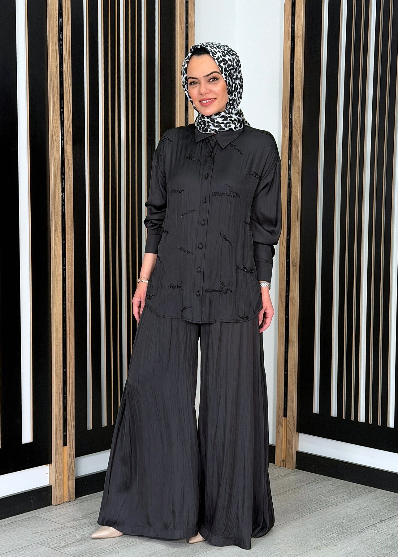 Si Design Bağlama Detaylı Bol Pantolon BLACK - 3