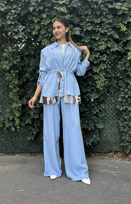 Si Design Belden Büzgülü Gömlek Ceket Ice Blue - 1