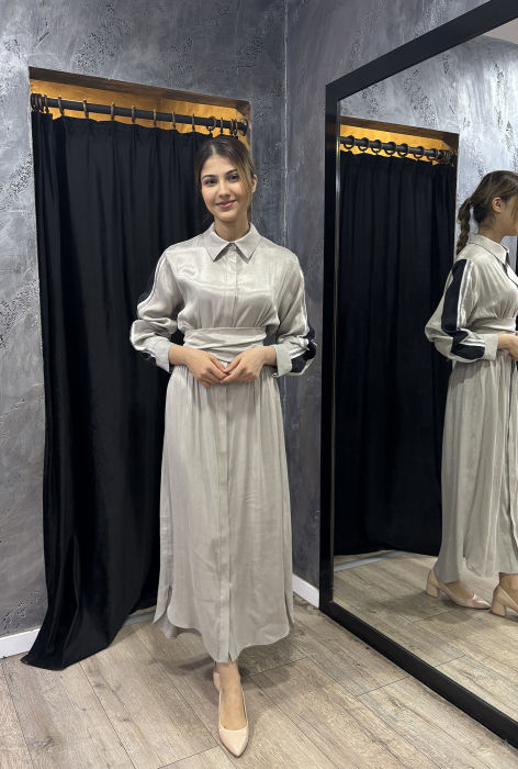 Si Design Belden Büzgülü Pliseli Elbise GREY - 1