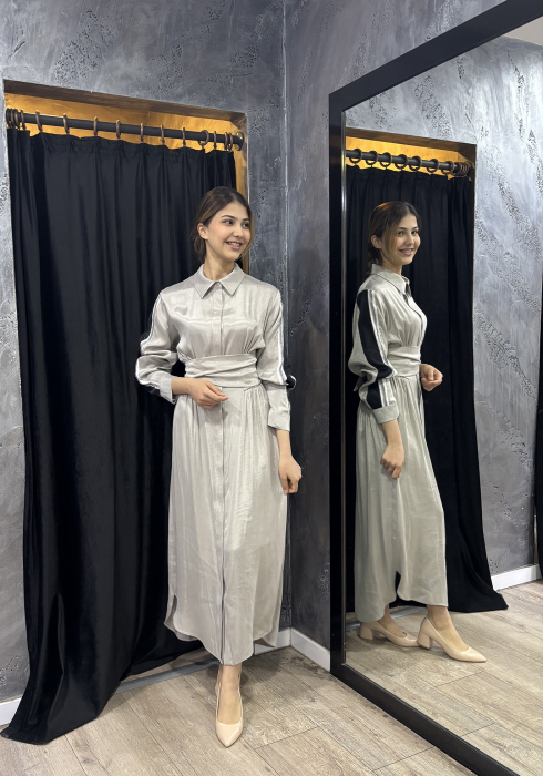 Si Design Belden Büzgülü Pliseli Elbise GREY - 2