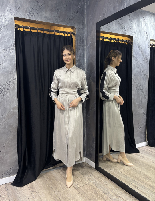 Si Design Belden Büzgülü Pliseli Elbise GREY - 3