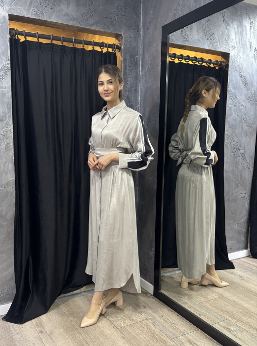 Si Design Belden Büzgülü Pliseli Elbise GREY - 4