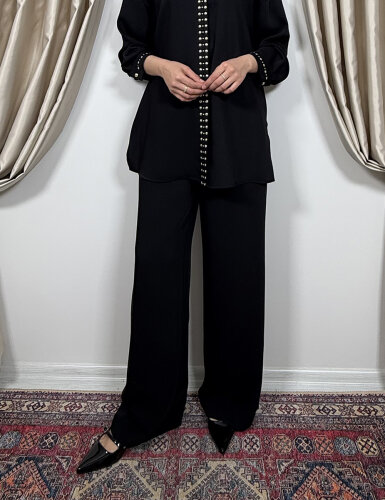 Si Design Beli Lastikli Bol Pantolon BLACK