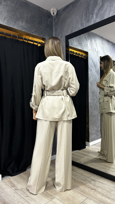 Si Design Beli Lastikli Cepleri Dikiş Detaylı Bol Paça Pantolon BEJ - 2