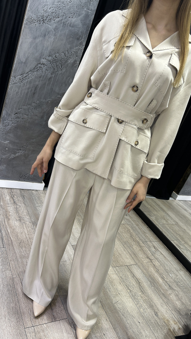Si Design Beli Lastikli Cepleri Dikiş Detaylı Bol Paça Pantolon BEJ - 3