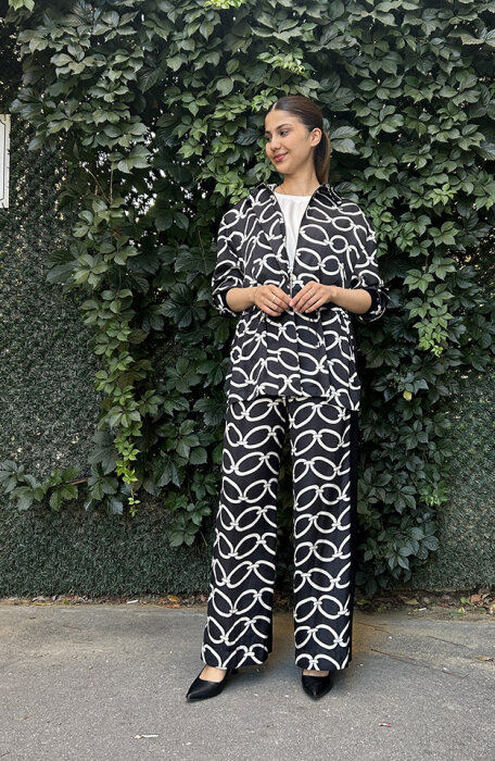 Si Design Beli Lastlikli Zincir Desenli Pantolon BLACK - 3