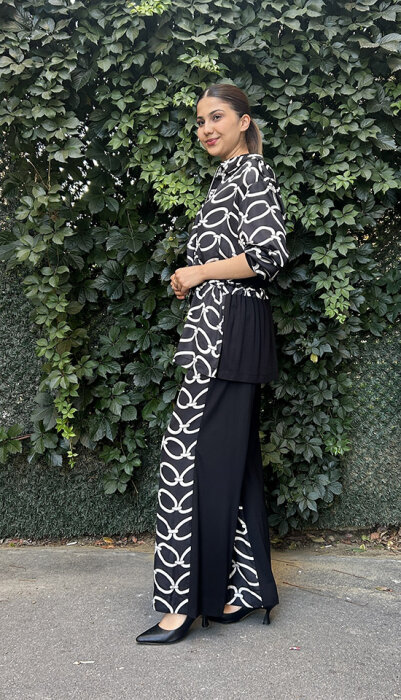Si Design Beli Lastlikli Zincir Desenli Pantolon BLACK - 4