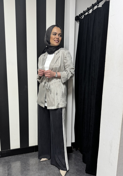 Si Design Biye Detaylı Fileli Cupro Pantolon BLACK - 3