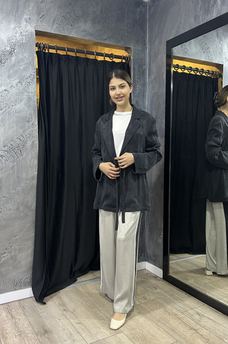 Si Design Biye Detaylı Fileli Cupro Pantolon GREY - 4