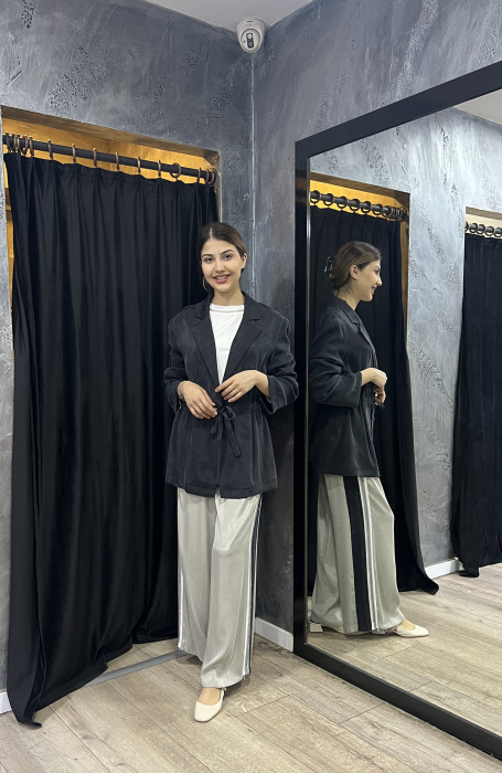 Si Design Biye Detaylı Fileli Cupro Pantolon GREY - 2