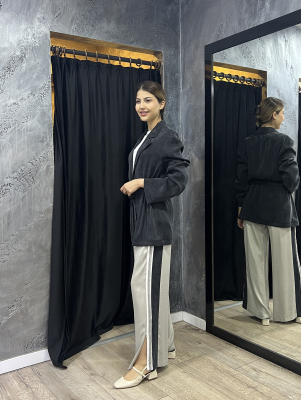 Si Design Biye Detaylı Fileli Cupro Pantolon GREY - 3