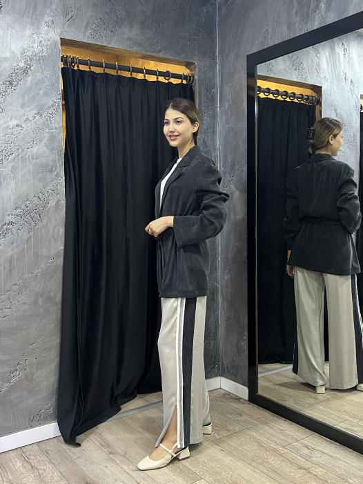 Si Design Biye Detaylı Fileli Cupro Pantolon GREY - 3